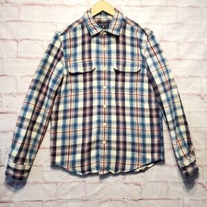 American Eagle Thick Cotton Flannel Shirt Men Medium Blue Plaid Long Sleeve Warm
